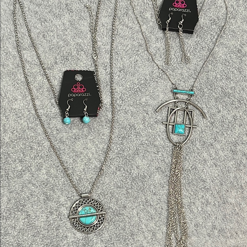 Boho Costume Jewelry Necklace Earring Set Bundle Lot Long Chain Silvertone
